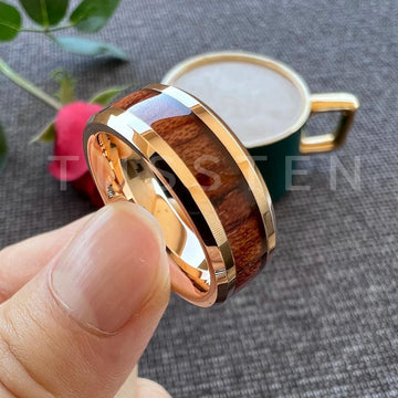 New Arrival 8MM Koa Wood Beveled Polished Edges High Quality Comfort Fit Tungsten Wedding Rings for Men Women - The Jewellery Supermarket